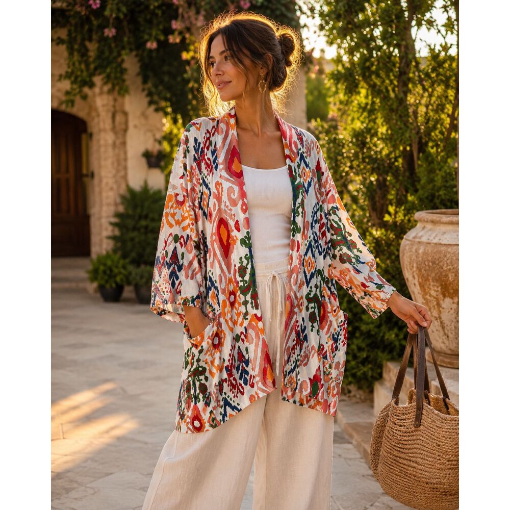 Zara Hanoi Kimono Ikat Print Open Front Cardigan Linen Blend No Belt Small